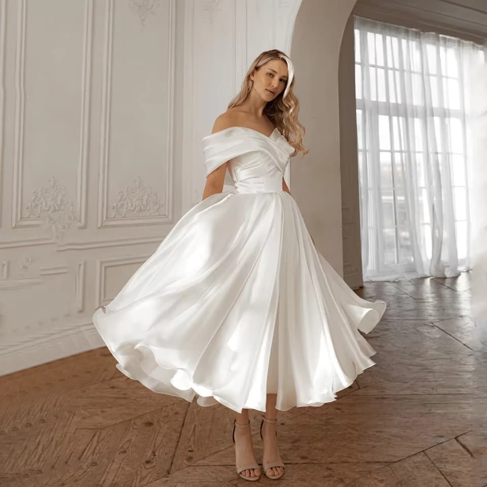 Cross-border Wedding Dress 2026 New Style, AliExpress Amazon One-Shoulder Satin Midi Length European and American Women's Dress Wholesale