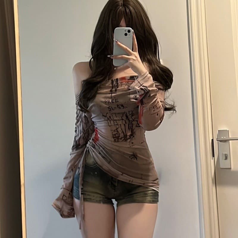 American Hot Girl Style Off-Shoulder Long-Sleeve T-Shirt for Women, Summer Thin Mesh Graffiti Print Irregular Drawstring Top