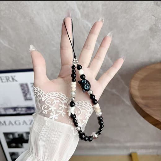 Black Owl Blue Eyeball Phone Strap Wrist Strap Unique Phone Case Lanyard Bead Chain Camera Beads