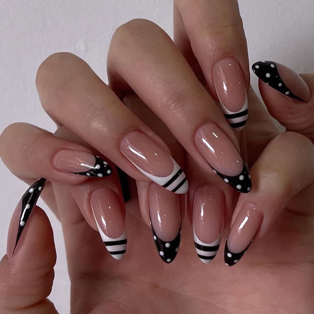 Black-White Polka Dot Stripe French Wearable Nails Long Almond Simple Retro Ins Style Removable Fake Nails