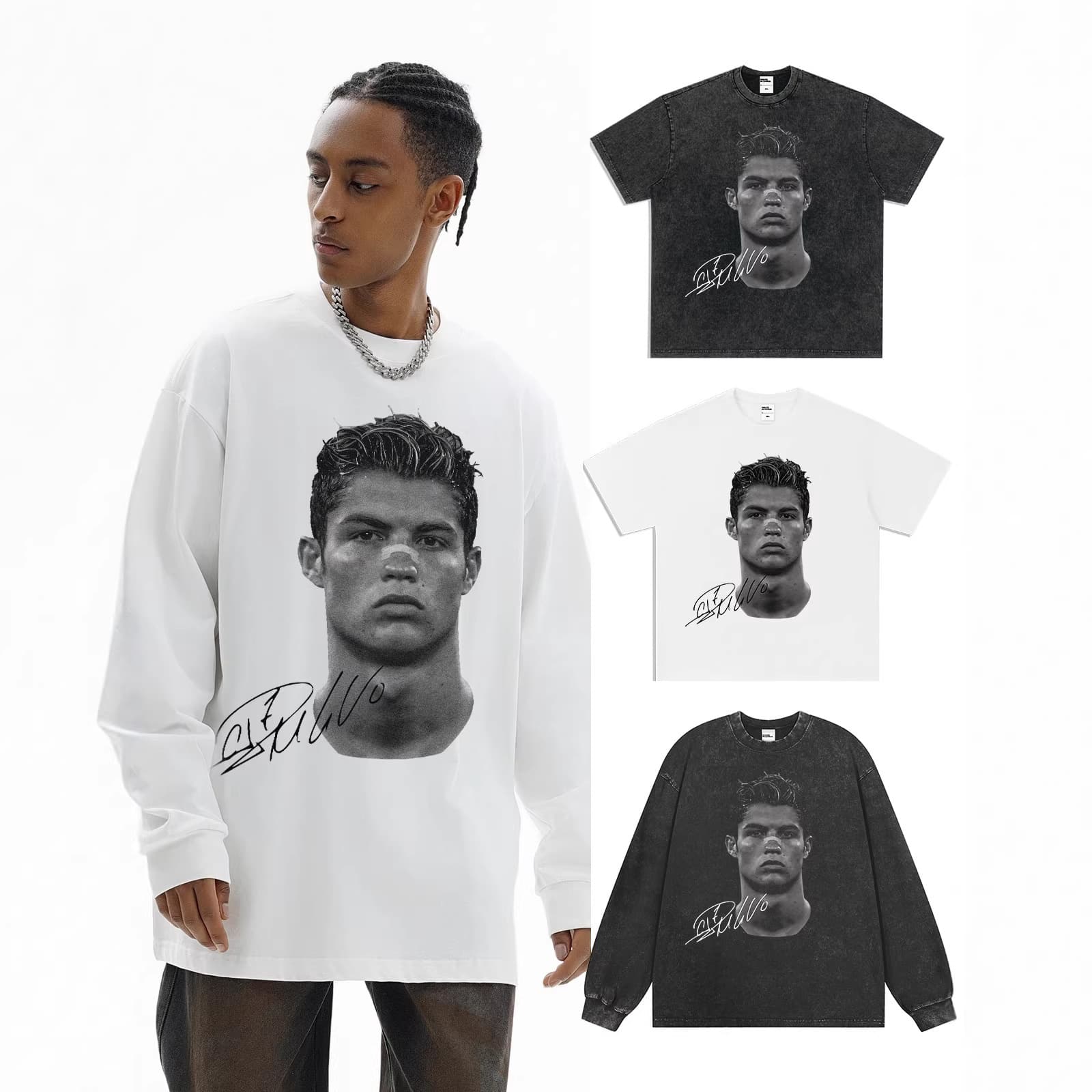 Cristiano Ronaldo American Streetwear Graphic Heavyweight Short Sleeve T-Shirt Men Cross-Border Vintage Washed Distressed American Trend Pure Cotton Small Neckline Trendy