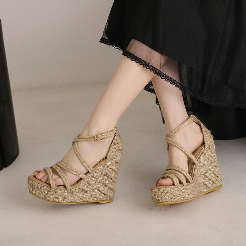 Women's Wedge Sandals Ultra High Heel Summer Thick Sole Platform Shoes Hemp Rope Woven Roman High Heel Women's Shoes