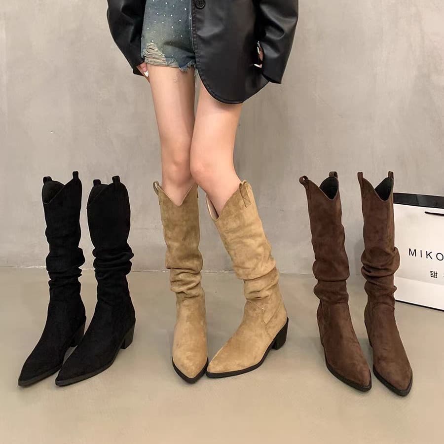 French Retro Coffee High Tube Boots Western Cowboy Boots Autumn Winter Women's Boots Small Size Khaki Long Boots