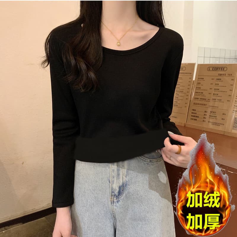 New Autumn/Winter Fleece-Lined Thickened Black Base Layer T-Shirt for Women, Casual Round Neck, Warm & Cold-Proof Top, Wholesale