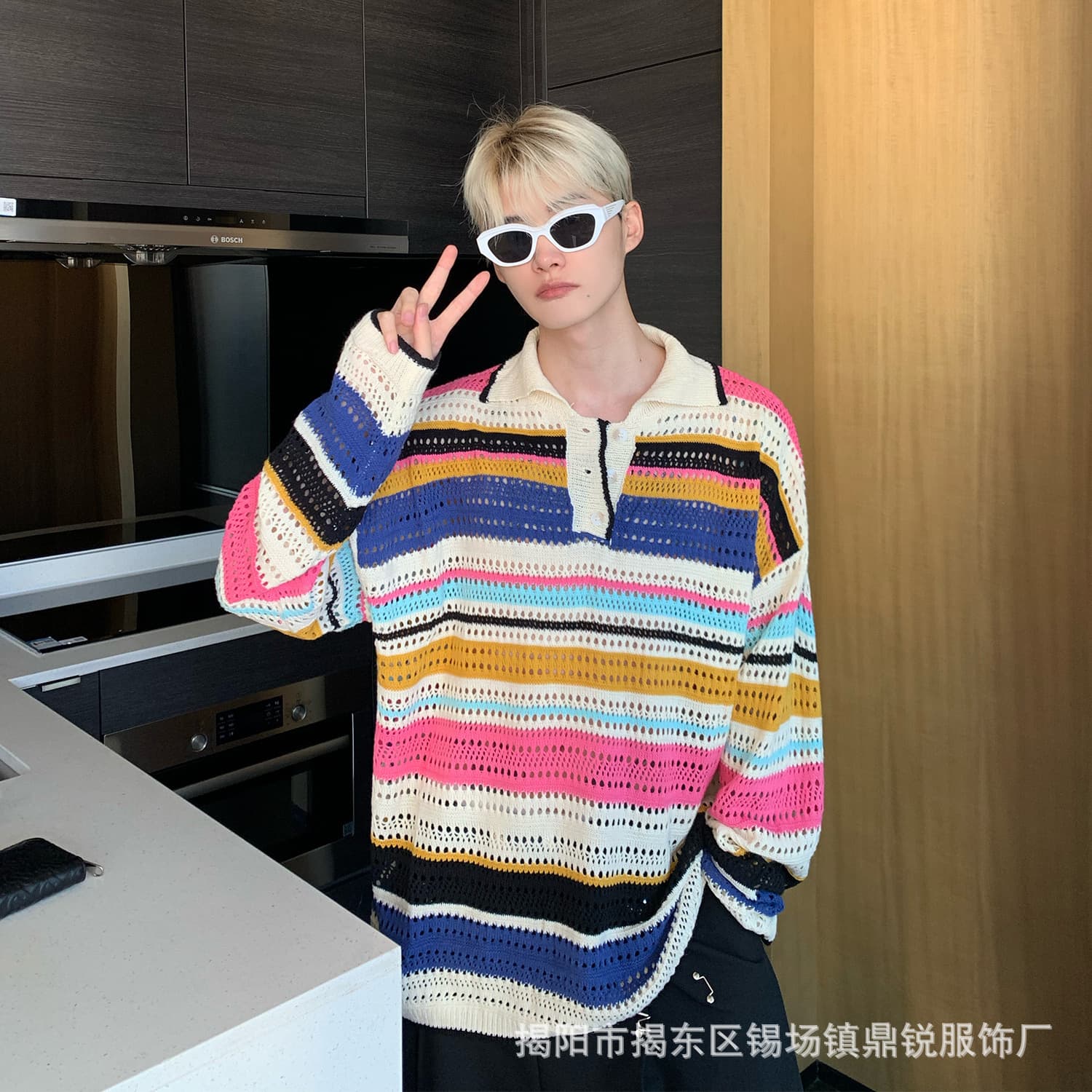American Retro Colorful Striped Hollow Knit Sweater Spring Summer New Turn-down Collar Loose Casual Shirt Top Streetwear
