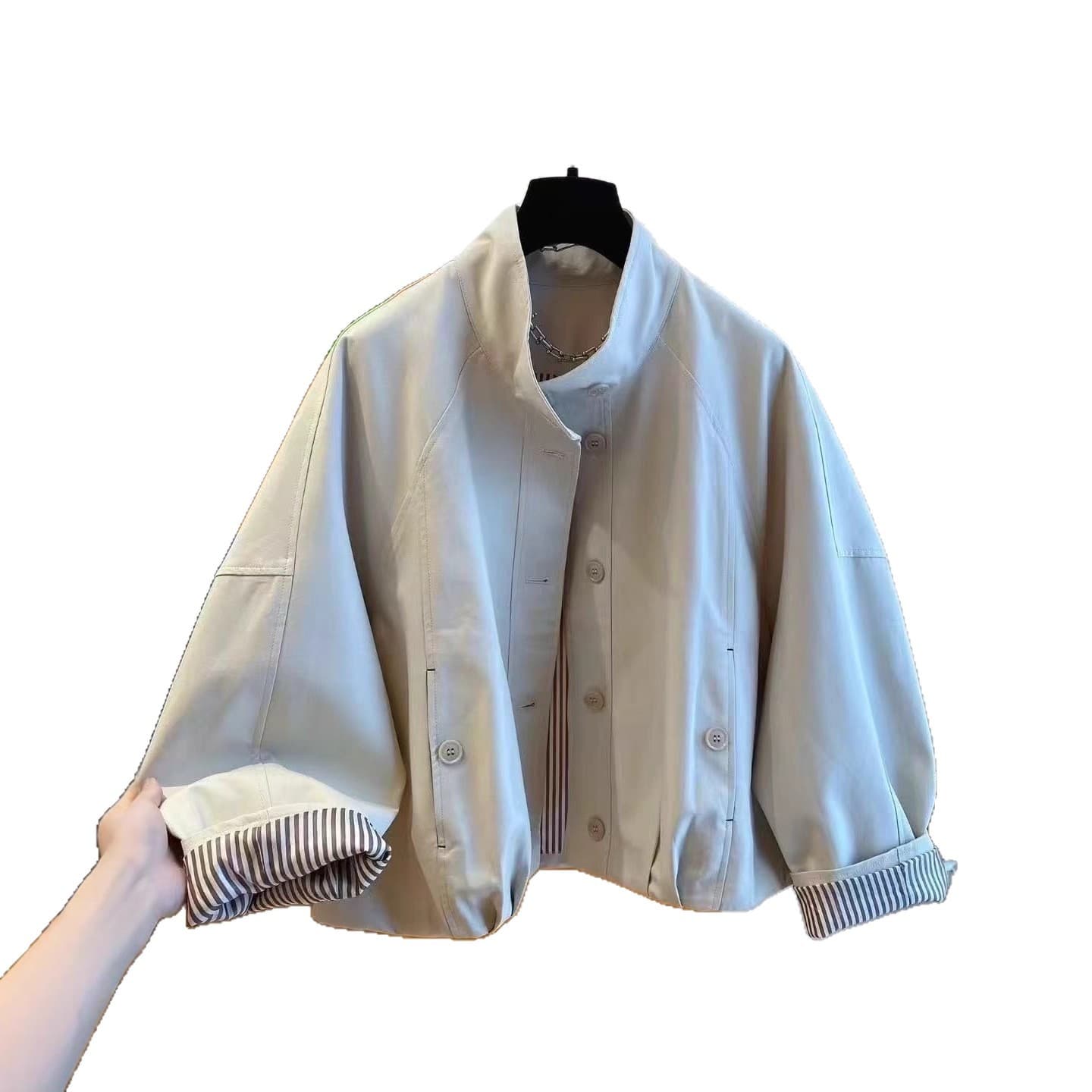 European Style British Stand Collar Jacket for Women 2025 New Loose Casual Lined Striped Short Trench Coat