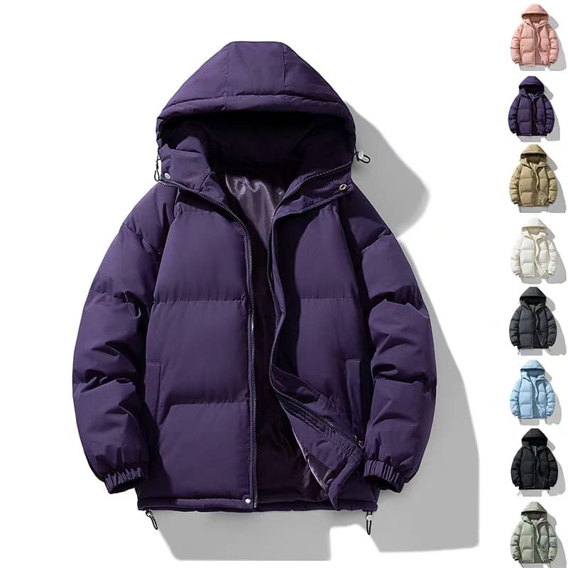 Men's winter trendy solid color hooded cotton-padded jacket, couple style, loose-fitting puffer jacket, casual and versatile outerwear