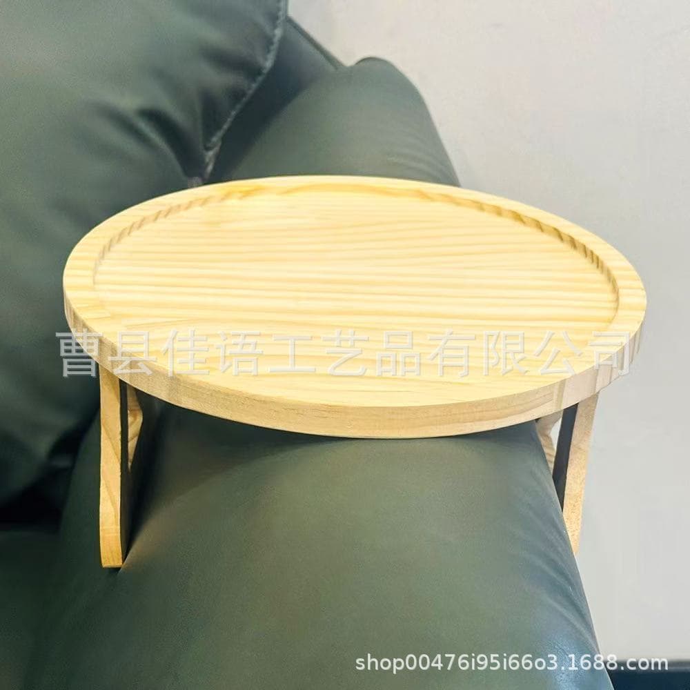 Wooden Sofa Arm Tray, Household Portable Foldable Sofa Round Wood Tray, Living Room Solid Wood Fruit Plate