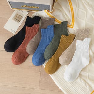 Unisex Spring and Summer Cotton Stacked Socks, Solid Color Versatile Sports Heel Tab Socks, Casual Moisture-Wicking Mid-Calf Socks
