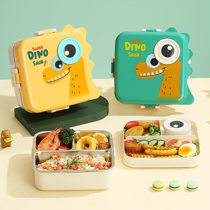 New 304 stainless steel lunch box cartoon three-compartment student lunch box primary school student double-layer compartment lunch box wholesale