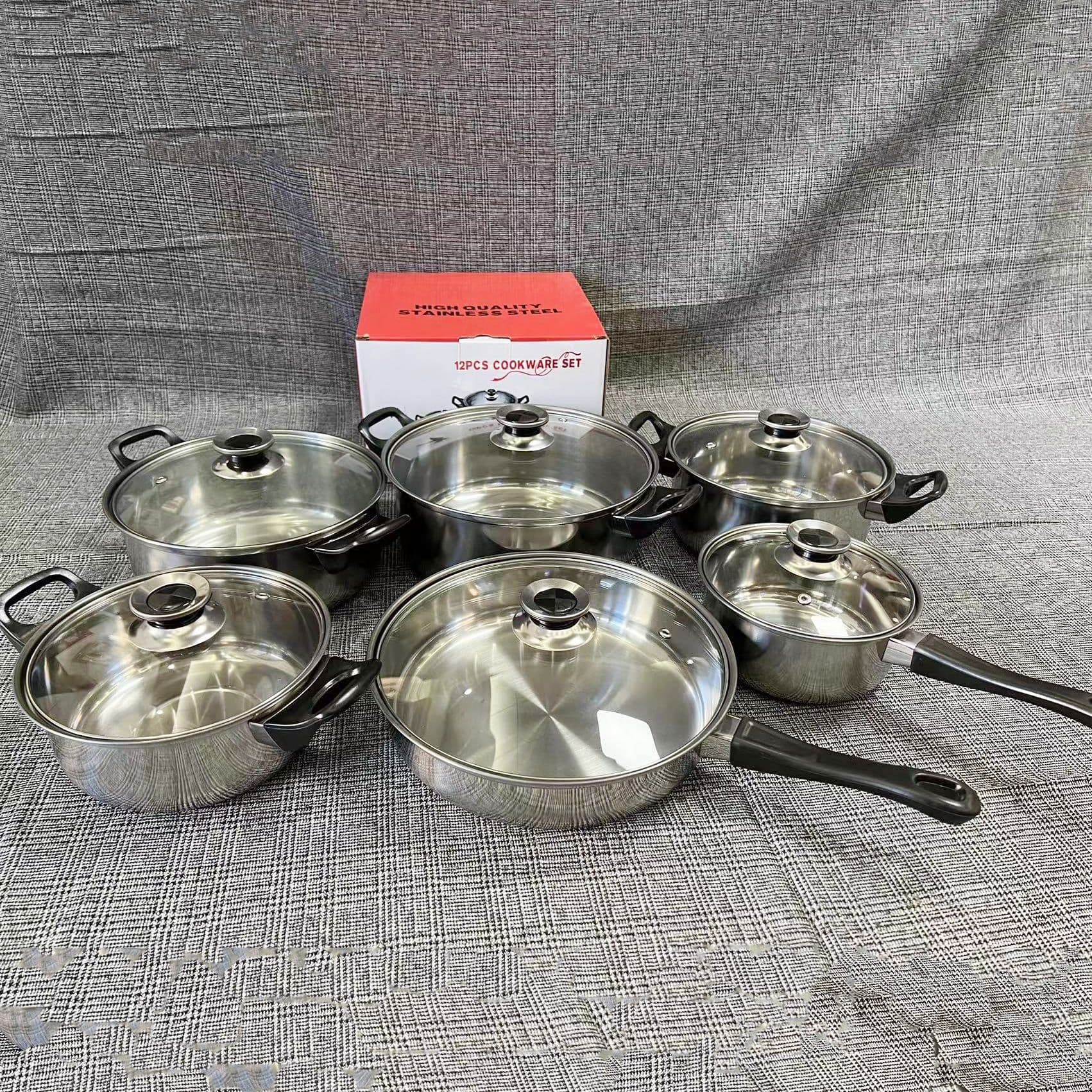 Cross-Border Trade Supply Stainless Steel 12-Piece Pot Set with Black Handle Milk Pot, Soup Pot, Frying Pan for Mexico and Spain