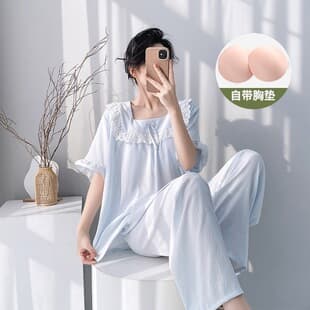 Pajamas with Built-in Bra Pads for Women Summer New Four-Line Grid Short-Sleeve Long Pants Two-Piece Set Wearable Outside Spring/Autumn Solid Color Home Clothes