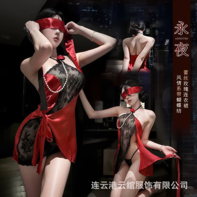 Yunwan Red-Black Lace Halter Babydoll with Pearl Trim, Sheer Mesh Sexy Style, Tie-Up Lingerie, Factory Wholesale