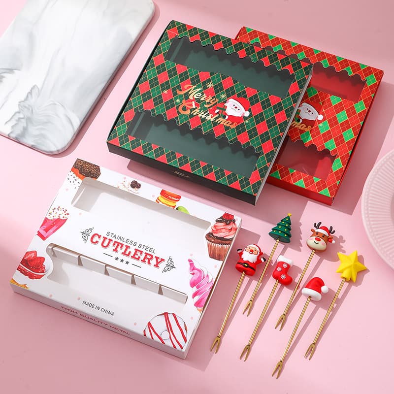 Cross-border Creative Cute Plush Toy Stainless Steel Fruit Fork Cartoon Christmas Fork Christmas Gift Box Fruit Fork 6-Piece Set