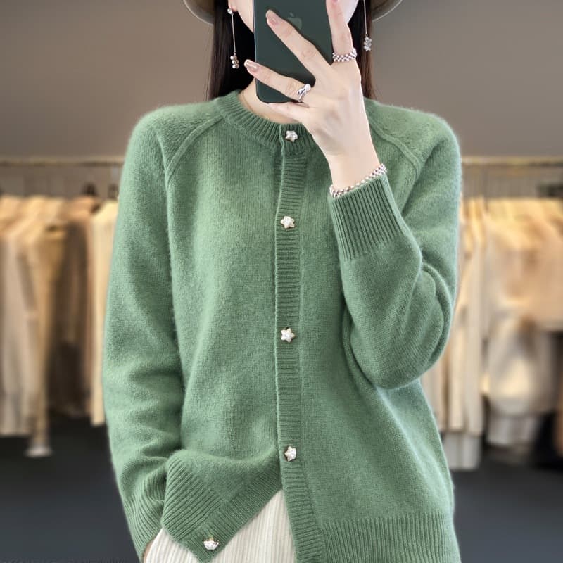 Fine imitation wool star button round neck long-sleeved knitted cardigan for women autumn and winter new sweater loose jacket top outer wear