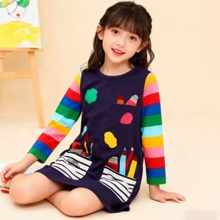 Girls' Autumn Dress for Distribution and Drop Shipping, Short Sleeve Cotton A-Line Dress with Embroidered Pocket