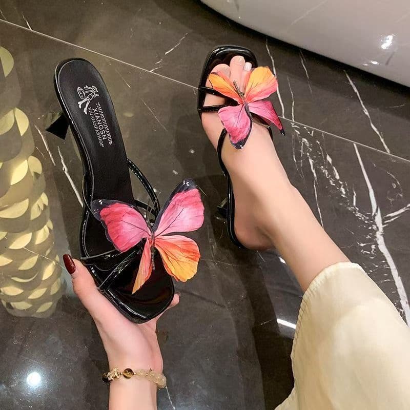French Style Casual Sandals Fashion Vacation High Heel Sandals Niche Design 2025 New Butterfly Chunky Heel Women's Summer Outdoor Wear