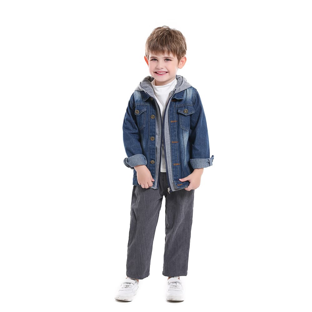 Children's fake two-piece denim jacket, unisex autumn/winter new hooded fashionable casual tops, foreign trade wholesale