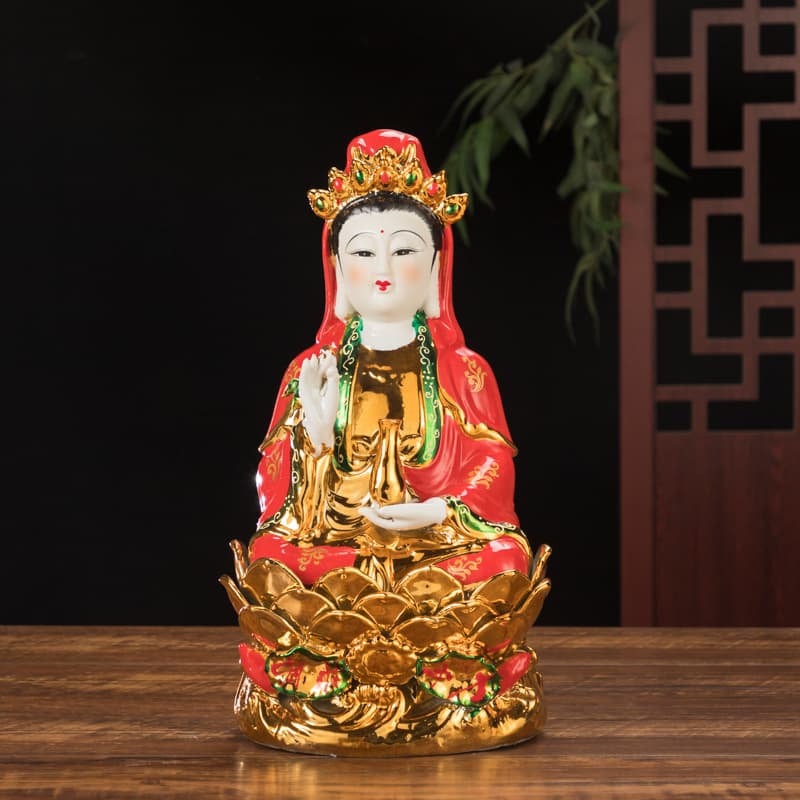 Ceramic Gold-Plated Sand China Red Guanyin Bodhisattva God of Wealth Civil and Military Guan Gong Deity Statue Home Ornament Opening Business Wealth Attracting