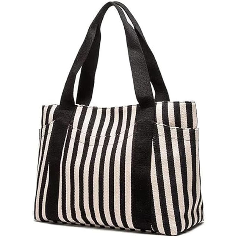Simple casual striped tote bag for women work bag with zipper weekend tote bag with multiple pockets