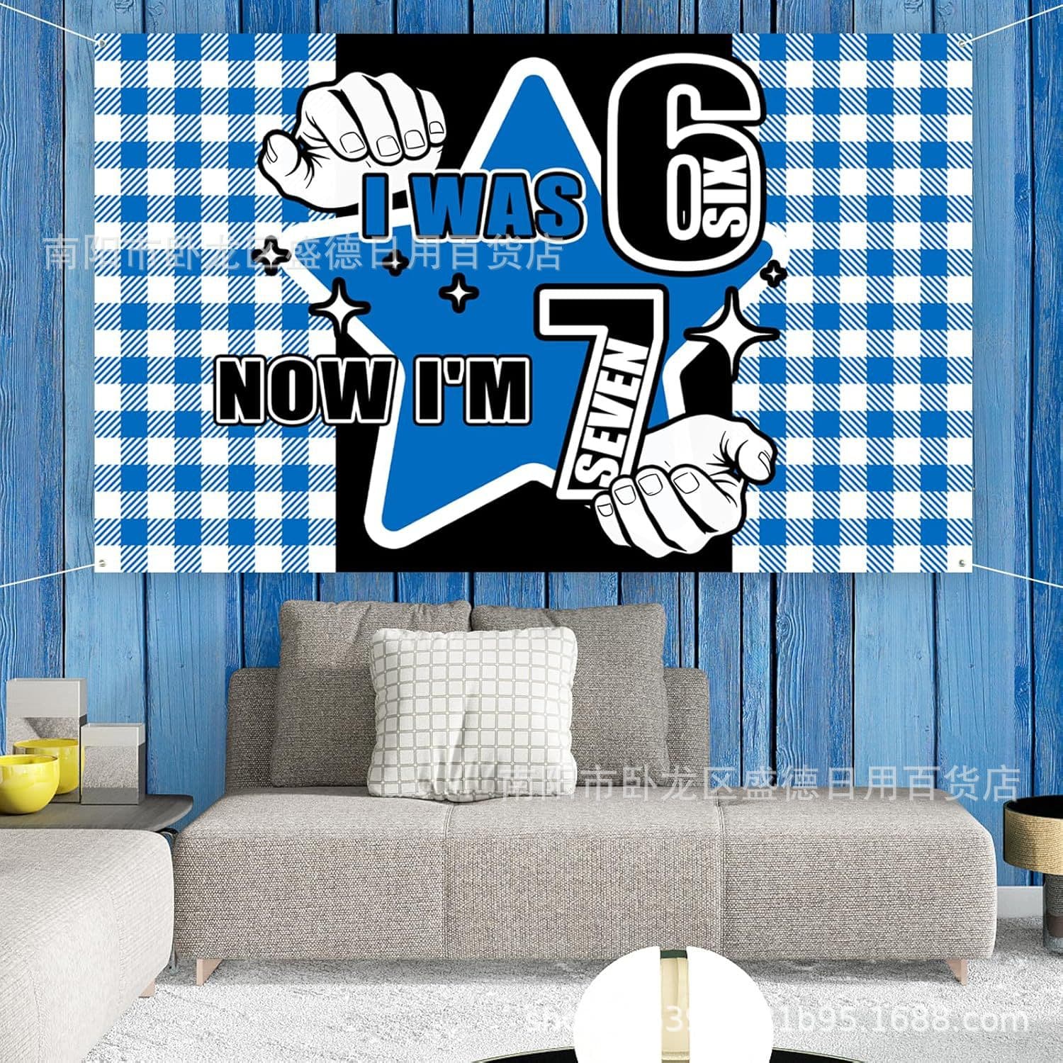 Blue Striped Plaid 6 7 Decoration Background Amazon I Am 6 Now 7 Year Old Kids Birthday Banner Supplies