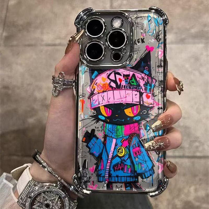Electroplated Graffiti Black Cat Phone Case Compatible with Apple 17 Pro Max, iPhone 16, Soft 15/14 Anti-Fall 13