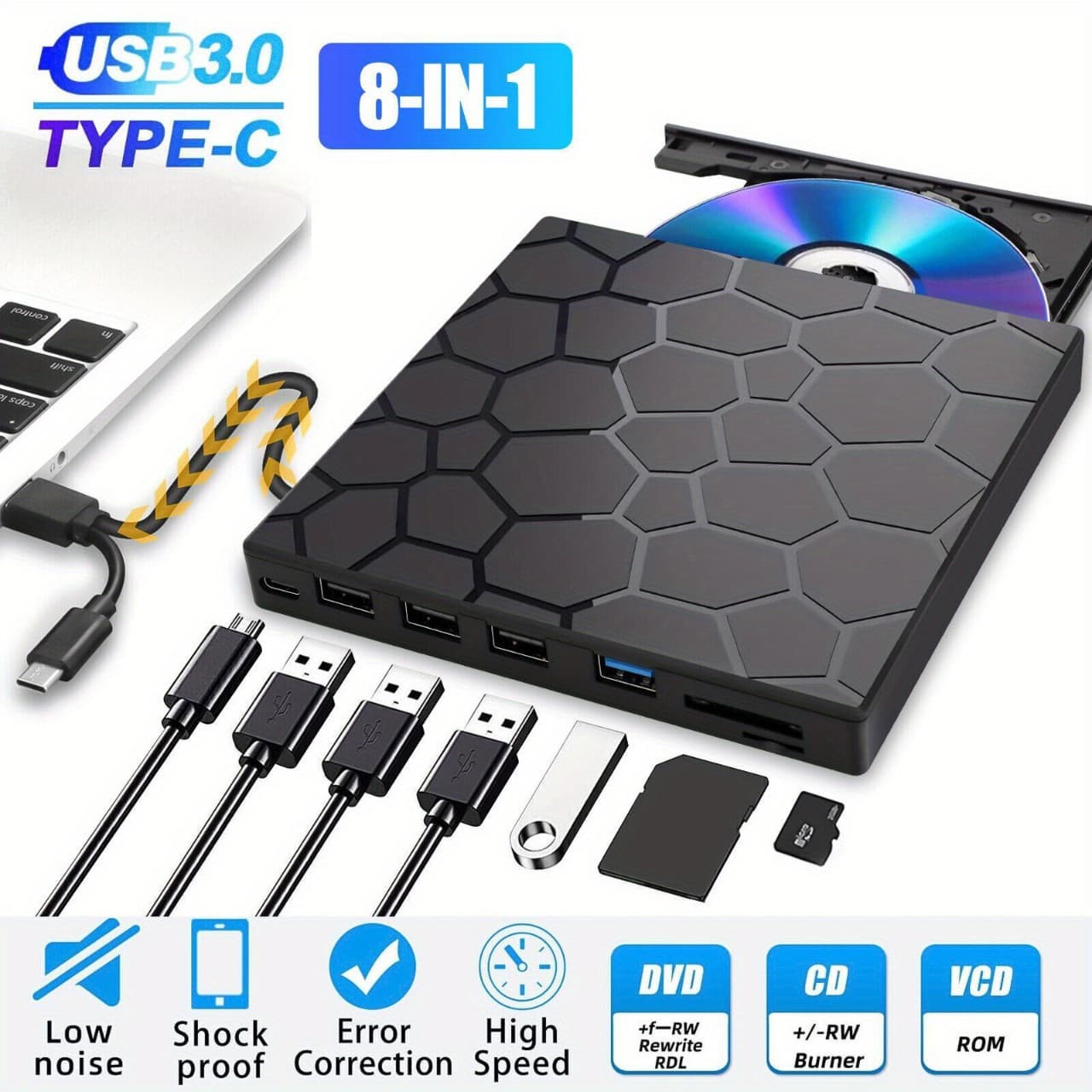 New Pebble Design USB-C External DVD Burner Player with Card Reader Factory Direct
