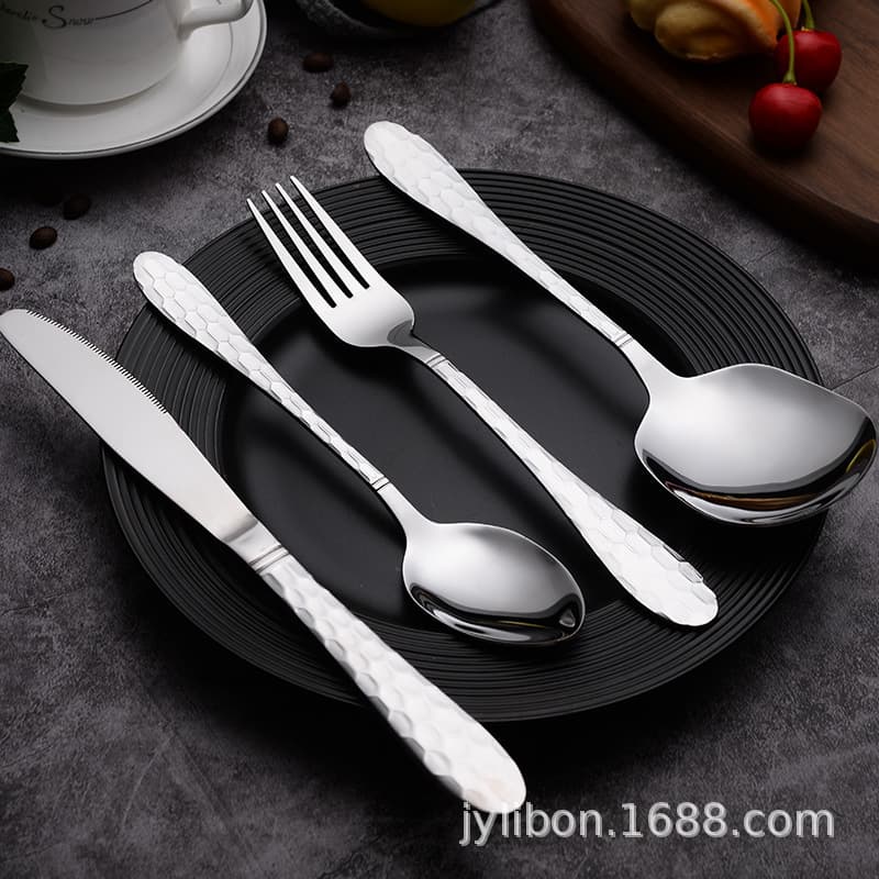 Stainless Steel Spoon Hammered Pattern Korean Style Spoon Western Restaurant Long Handle Spoon Dessert Spoon Household Round Head Eating Spoon Soup Spoon