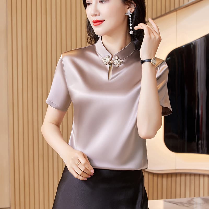 Hui 3306 new Chinese style improved cheongsam top new solid color satin short-sleeved T-shirt women's summer Chinese style button-down shirt