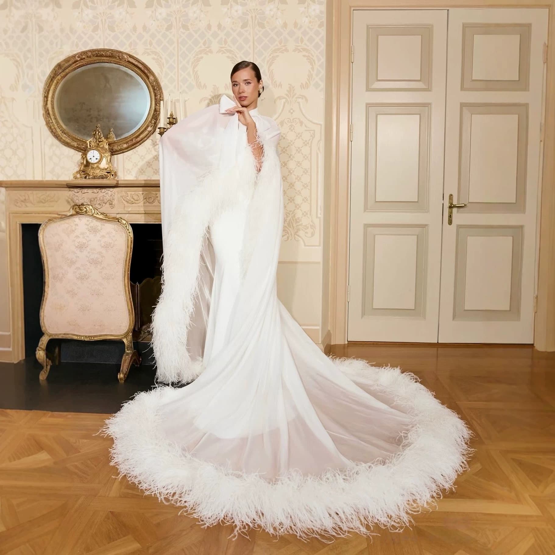 Dressing gown, bride, high-end wedding, luxurious white ostrich feather tail long dress, two-piece nightgown