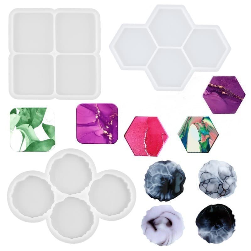 DIY Epoxy Resin Mold Wood Grain Coaster Silicone Mold Mirror Round Hexagon Phone Stand Earring Mold