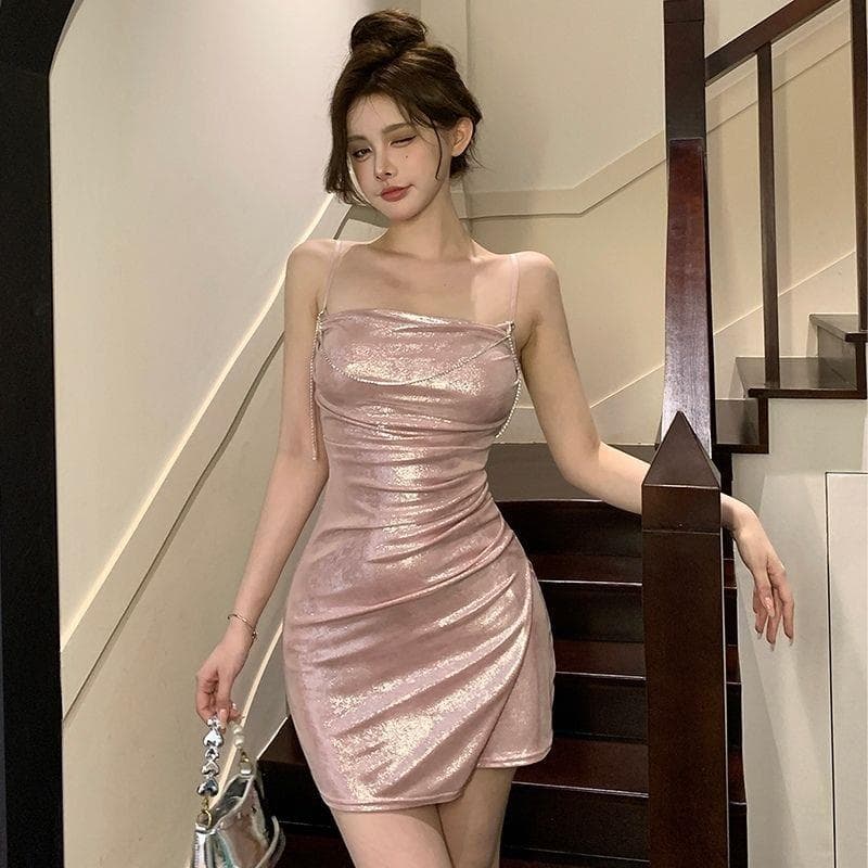 2026 New Sexy Spaghetti Strap Dress Off-Shoulder Chain Beaded Sequins Irregular Slim Fit Waist Dress for Women