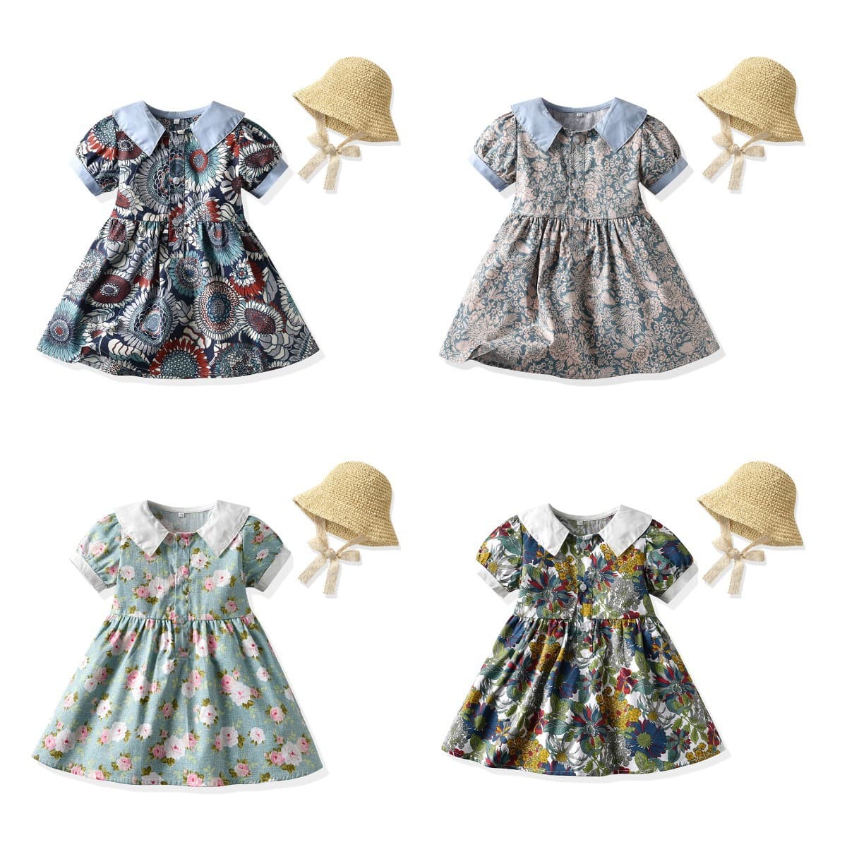 Girls Dress, Rustic Floral Print, Cotton, Vintage Peter Pan Collar, Straw Hat