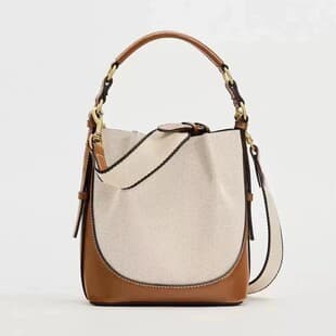 Cross-border Women's Bag 2025 New Niche Design Drawstring Canvas Contrast Color Casual Single Shoulder Crossbody Handbag Bucket Bag