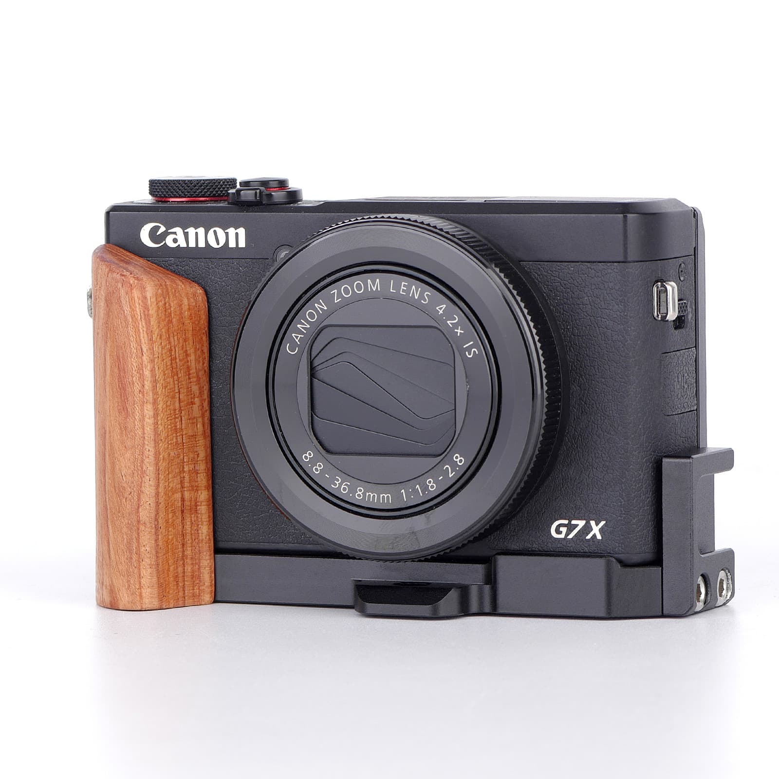 Genuine wood handle for Canon G7X3, compatible with G7X2, featuring an aluminum alloy base and Arca quick-release, direct from the source factory.