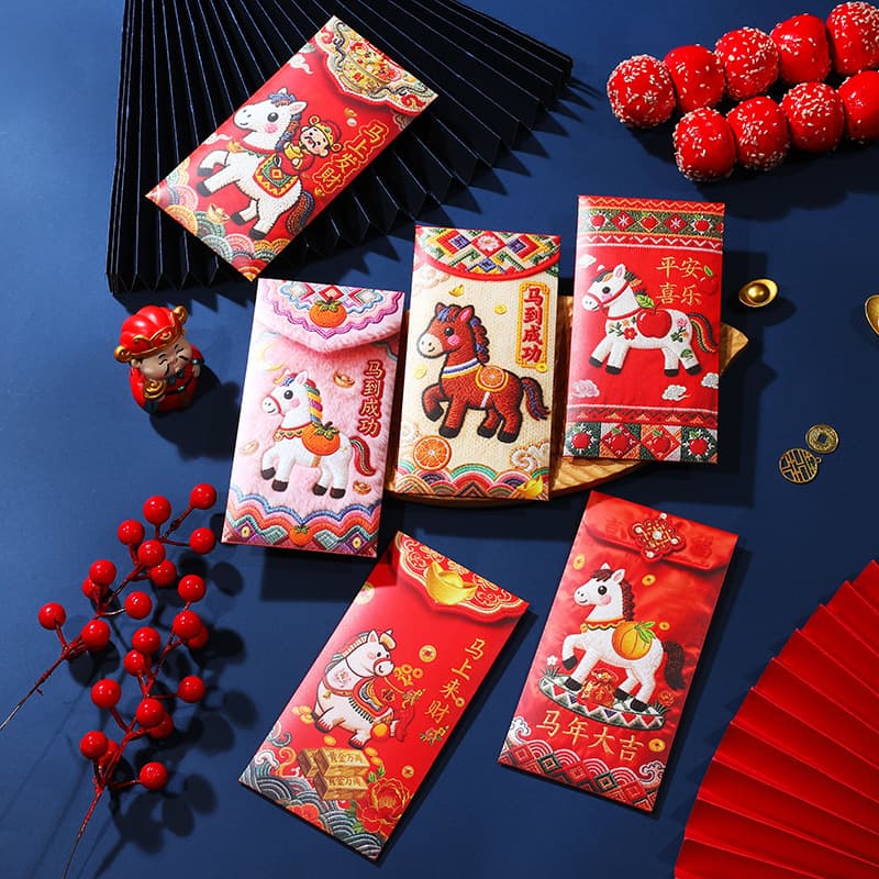 2026 5D three-dimensional cartoon hand-painted Fuma red envelope new flat embroidery style New Year's package Horse New Year's profit envelope