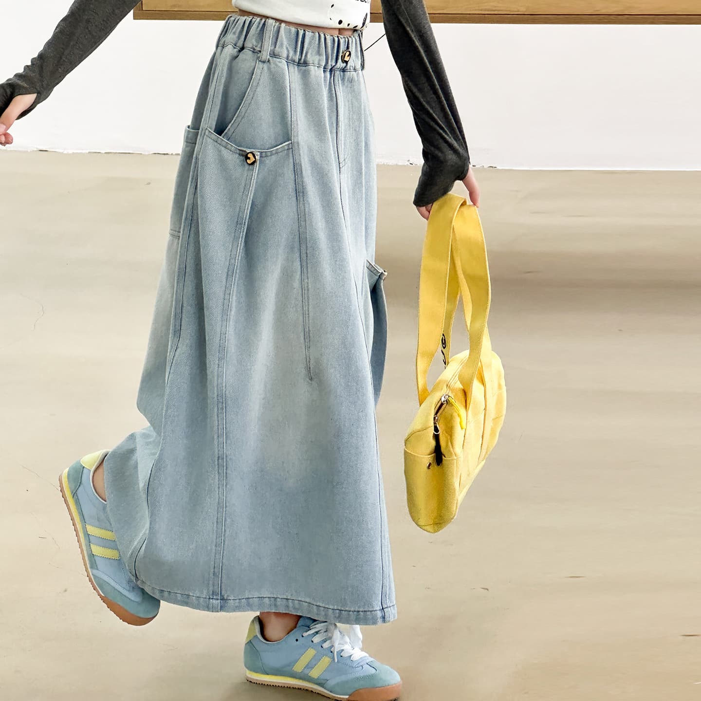 Girls' Denim Long Skirt, A-Line High-Waisted Thin Summer Skirt, Versatile Student Denim Skirt