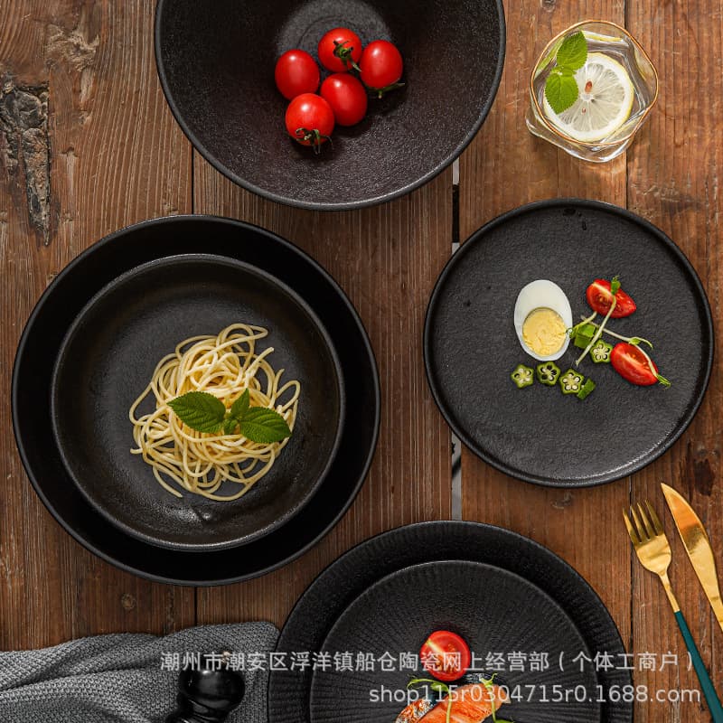 Japanese Ramen Bowl Soup Bowl Plate Set, Household Matte Ins Style Display Round Plate, Steak Plate Western Food Plate, Solid Black Retro