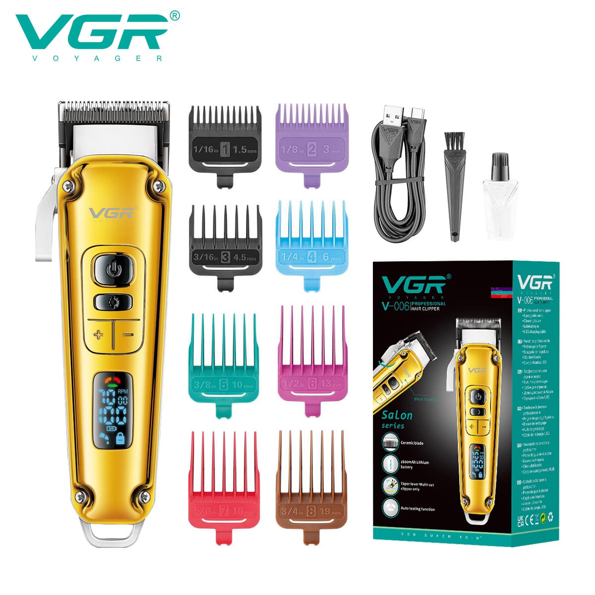 VGR006 cross-border new metal hair clipper golden shaving electric hair salon salon professional digital display electric clipper