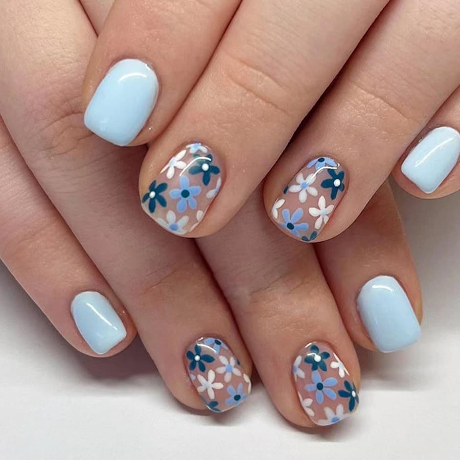 Short European square blue retro flower manicure European and American ins style cross-border girly style manicure wear wear nails 24