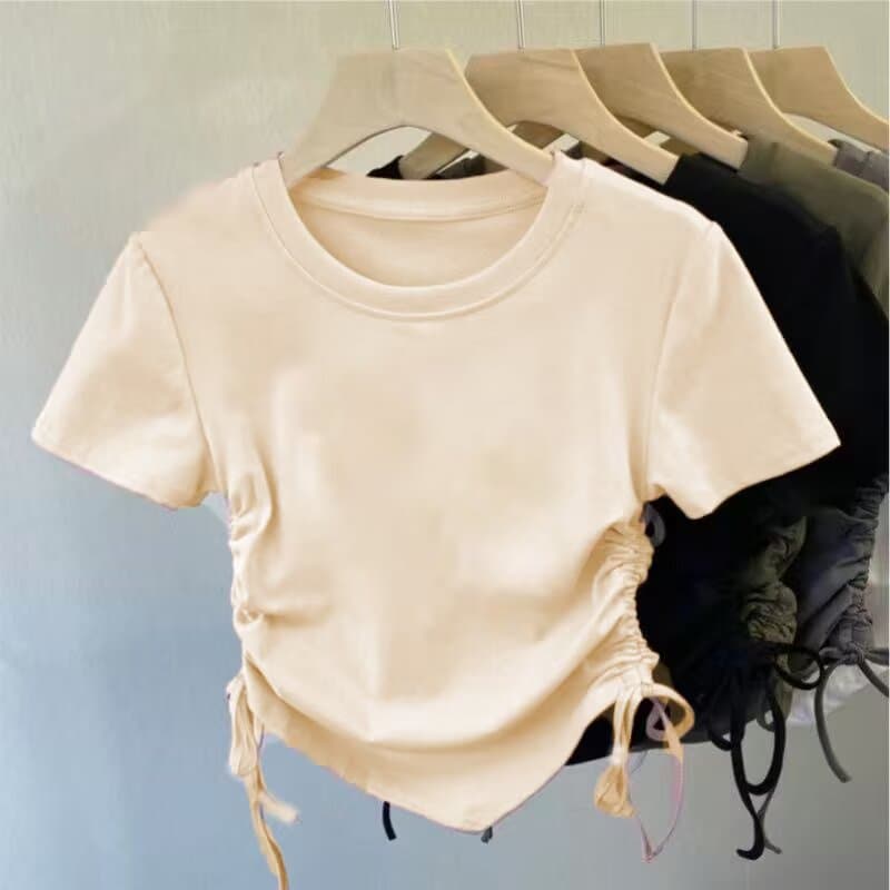 Medium to large children and girls solid color round neck girls summer casual simple versatile drawstring straps short-sleeved tops T-shirts