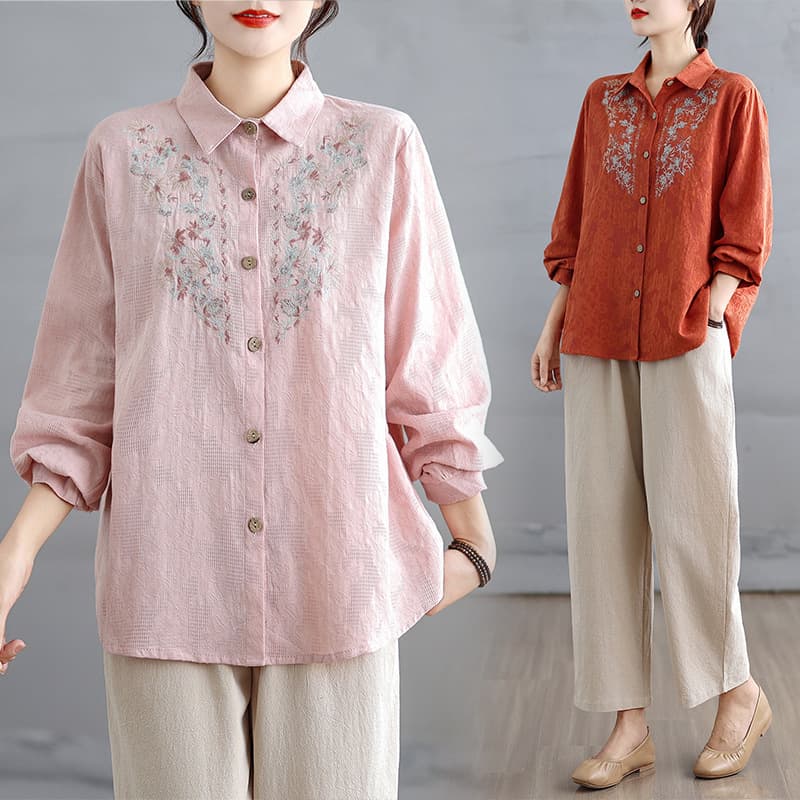 Cotton Linen Embroidered Long-Sleeve Shirt for Women Jacquard Lapel Blouse Loose Fit 2026 Spring New Casual Retro Top