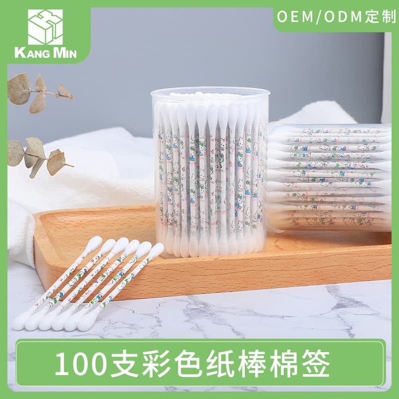 Wholesale double-headed colored paper stick cotton swabs 100 pieces for household use cotton swab tube paper stick cotton swabs makeup remover cotton swabs
