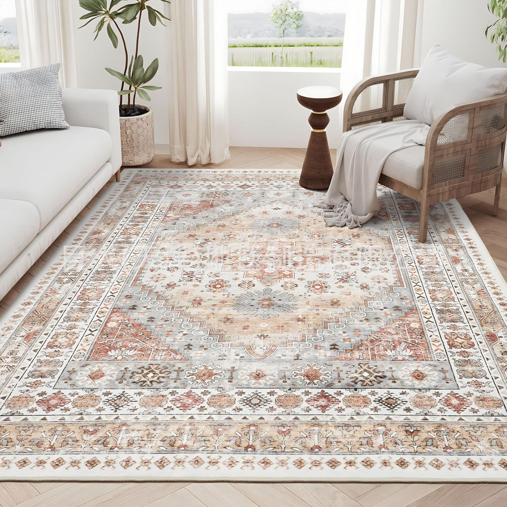 Vintage Persian Living Room Rug, Stain-Resistant and Durable Floor Mat, Large Area Full Coverage Carpet for Home Bedroom Bedside