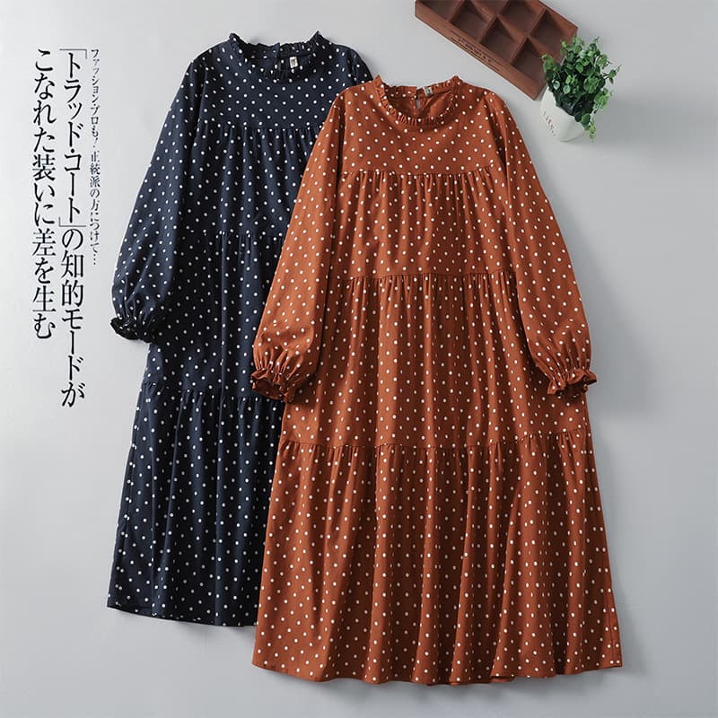 Actual shot of 2025 spring literary loose and age-reducing slimming spliced long skirt retro printed polka dot long-sleeved dress for women