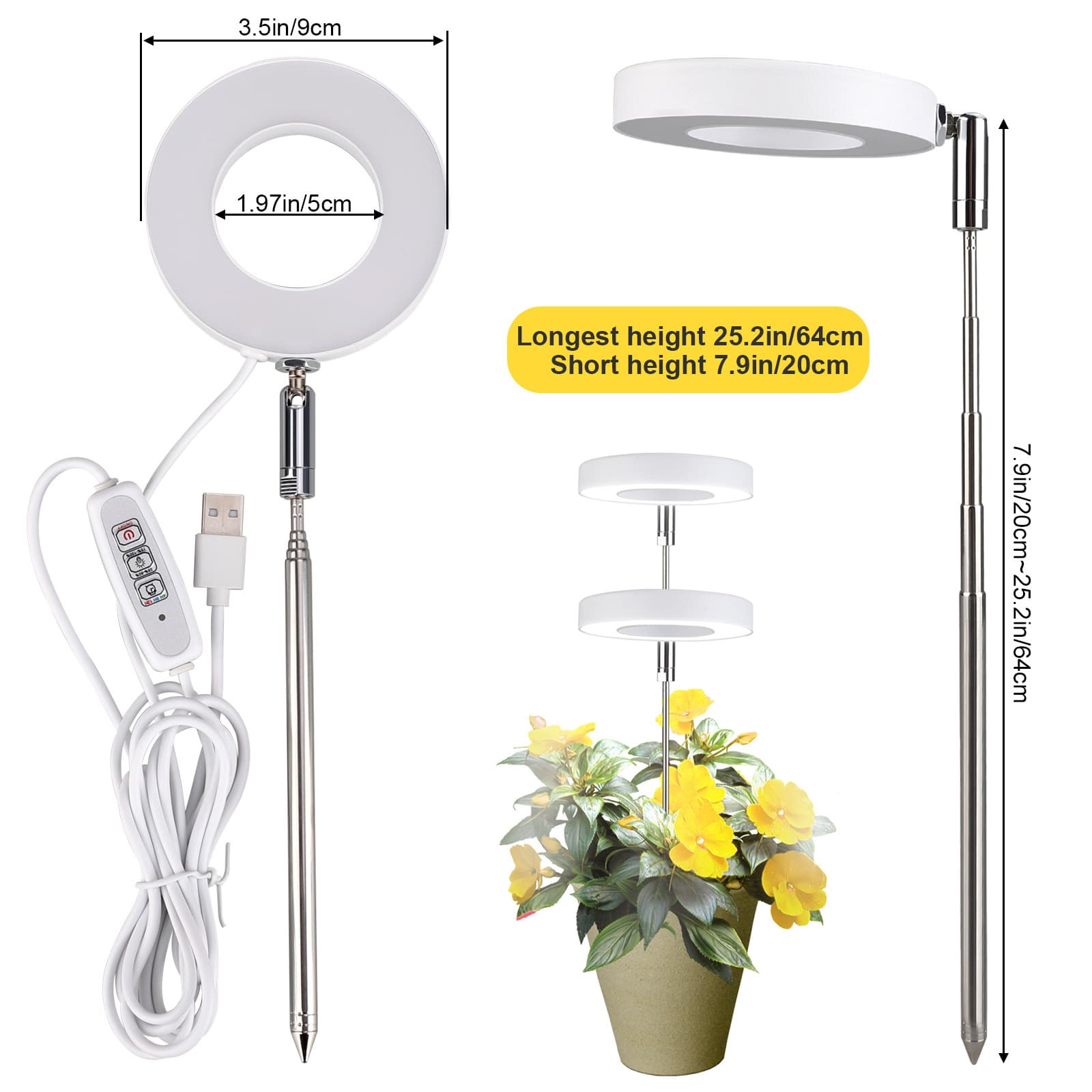 Sunlight Simulation Indoor LED Plant Growth Light Retractable Flower Pot Lighting Supplemental Lighting for Indoor Plants