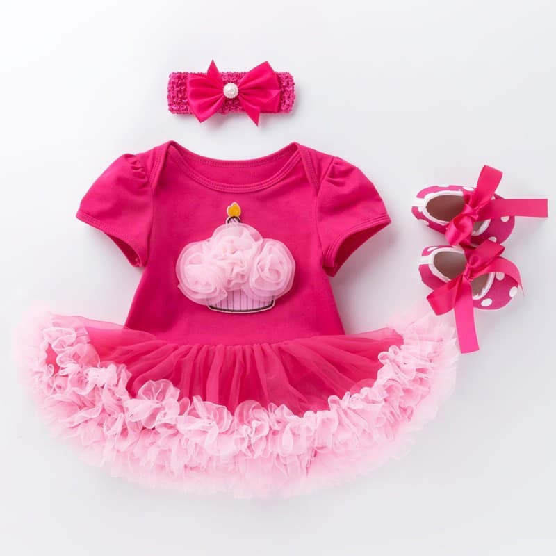 Cross-border Baby Girl Birthday Outfit 3-Piece Set: Short-Sleeve Romper, Walking Shoes, Infant Toddler Dress