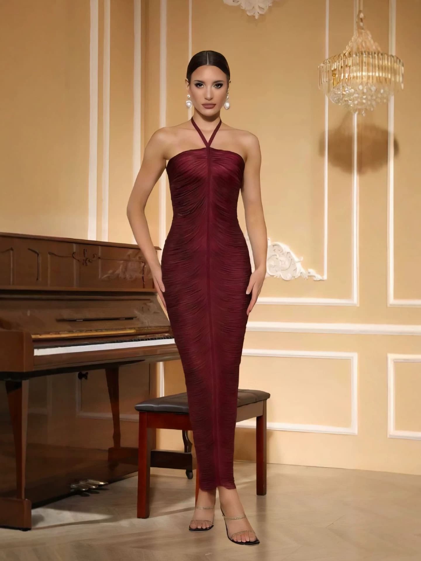 Sleeveless Halter Fringe Fitted Evening Dress for Wedding Banquet, Tall Slimming Party Bandage Dress, Wedding Gown in Maroon