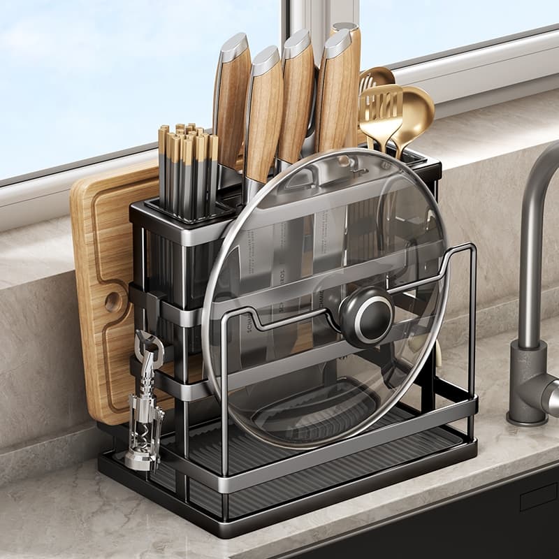 Kitchen Knife Rack, Multi-Functional No-Drill Integrated Storage Rack for Knives, Chopsticks, Cutting Boards, and Pot Lids