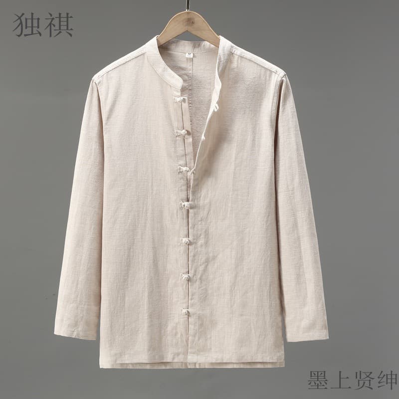 Chinese Style Stand Collar Patchwork Linen Shirt Men's Spring Summer Long Sleeve Cotton Linen Sun Protection Flax Cloth Jacket